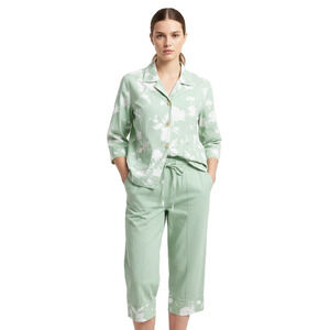 Orvis Shirt and Capri Pants Set Women 12 Green Floral Vintage 90s Boho Cozy Chic